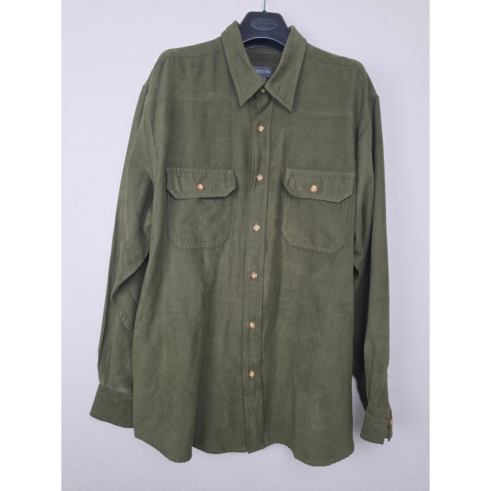 Covington Faux Suede Button Down Shirt Men Large Green Excellent Faux Suede